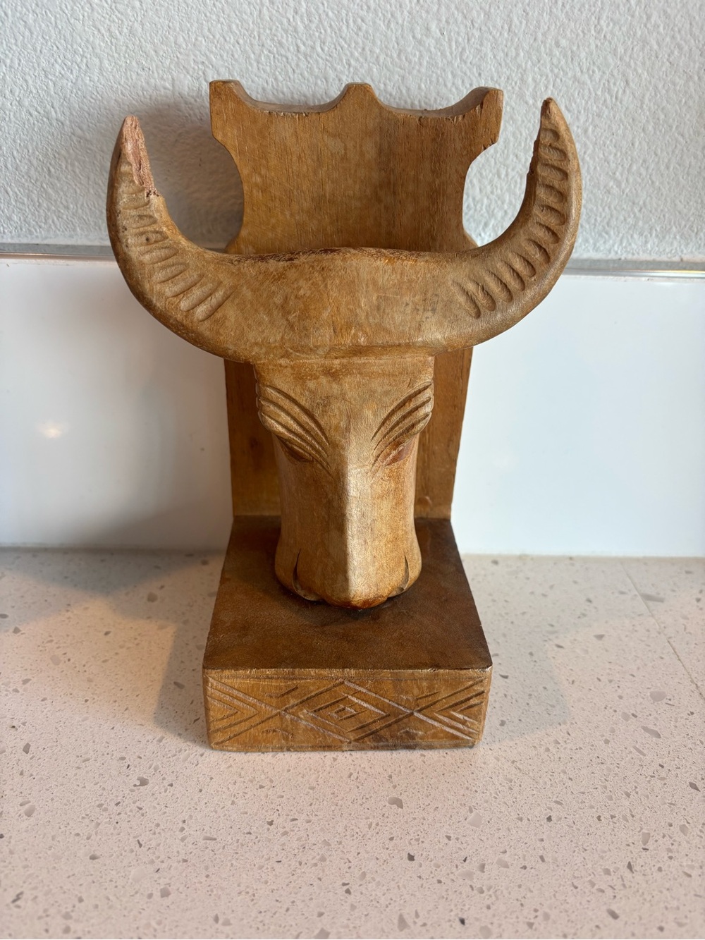 Hand-Carved Brown Wood Bull Head Wall Accent - Rustic Home Art